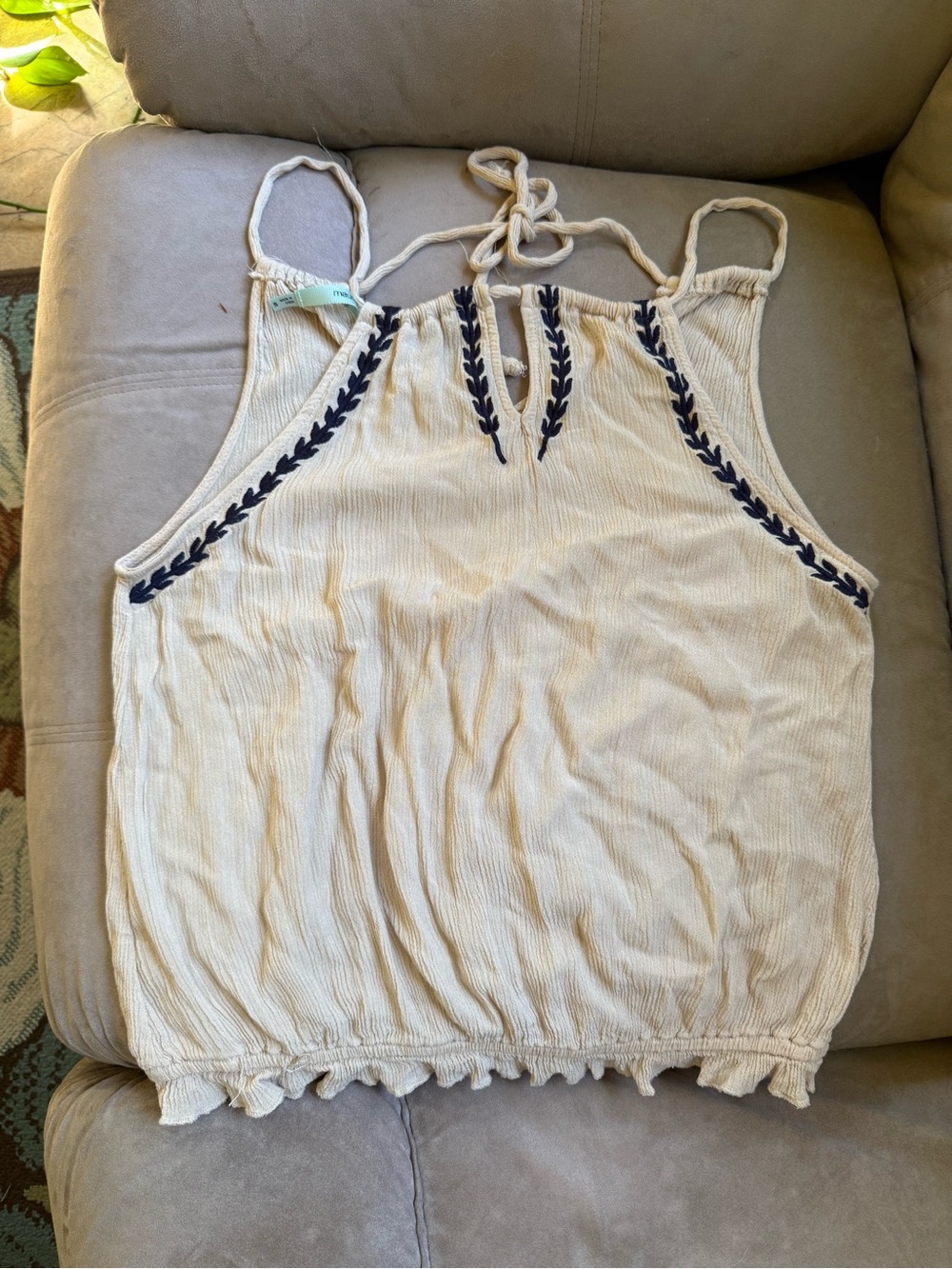 Maurices Cream Halter Tank Top with Navy Embroidery
